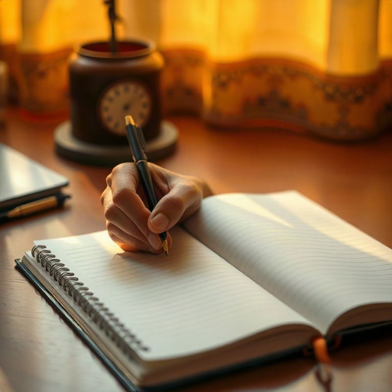 A hand writing an appointment into a neat azure-covered diary in warm equatorial light