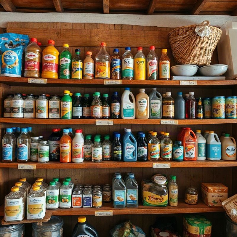 Neatly arranged household products on wooden shelves in a Garissa shop, warm ochre and azure tones
