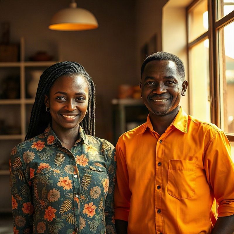 The two-person Betanbeta team standing in a bright Kenyan shop interior with azure accents