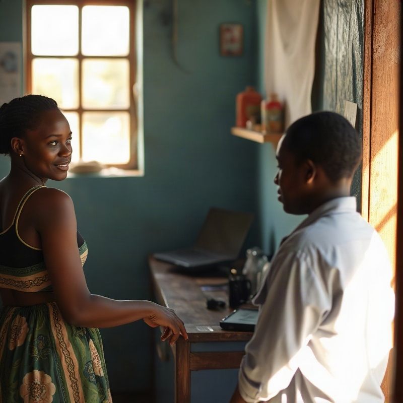 A Betanbeta team member helping a Garissa customer in a bright, azure-accented room with warm natural light